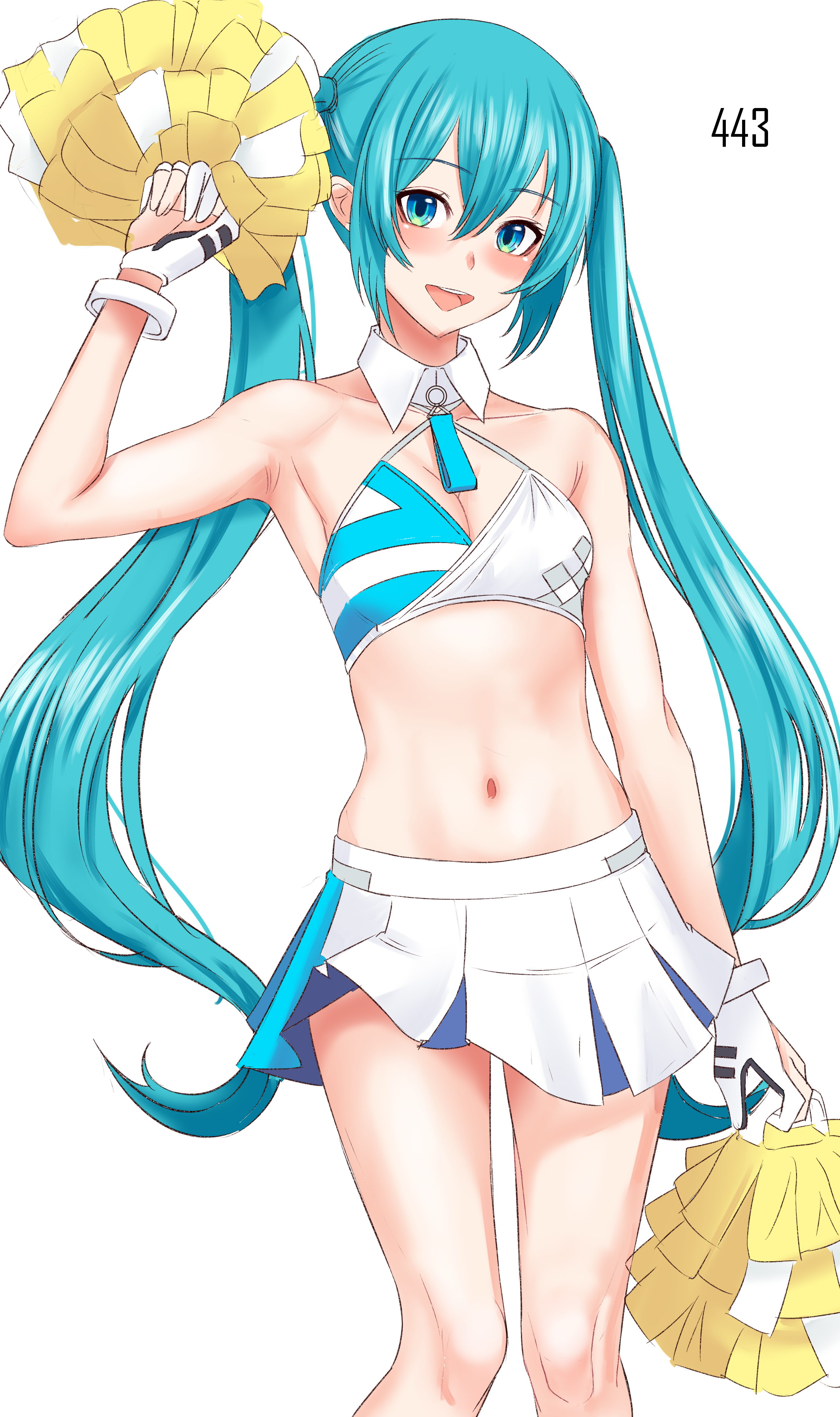 ken00423, hatsune miku, vocaloid, absurdres, highres, aqua eyes, aqua hair, breasts, cheerleader, cleavage, gloves, long hair, looking at viewer, miniskirt, navel, open mouth, pom pom (cheerleading), simple background, skirt, twintails, white background, white gloves, white skirt