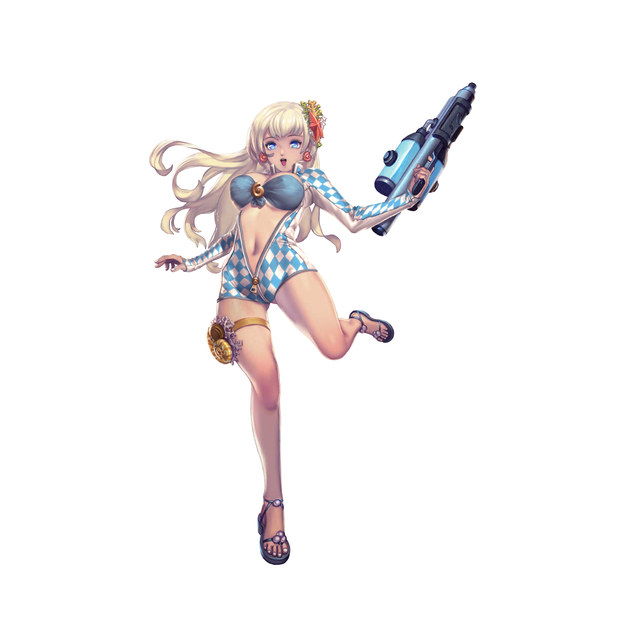 crystal maiden (series), artist request, bad source, game cg, highres, official art, third-party source, variant set, 1girl, bare legs, blonde hair, blue eyes, breasts, checkered clothes, coral hair ornament, full body, gun, holding, holding gun, holding weapon, julia (crystal maidens), long hair, long sleeves, navel, open mouth, sandals, seashell, shell, solo, standing, standing on one leg, starfish hair ornament, transparent background, underboob, weapon, zipper