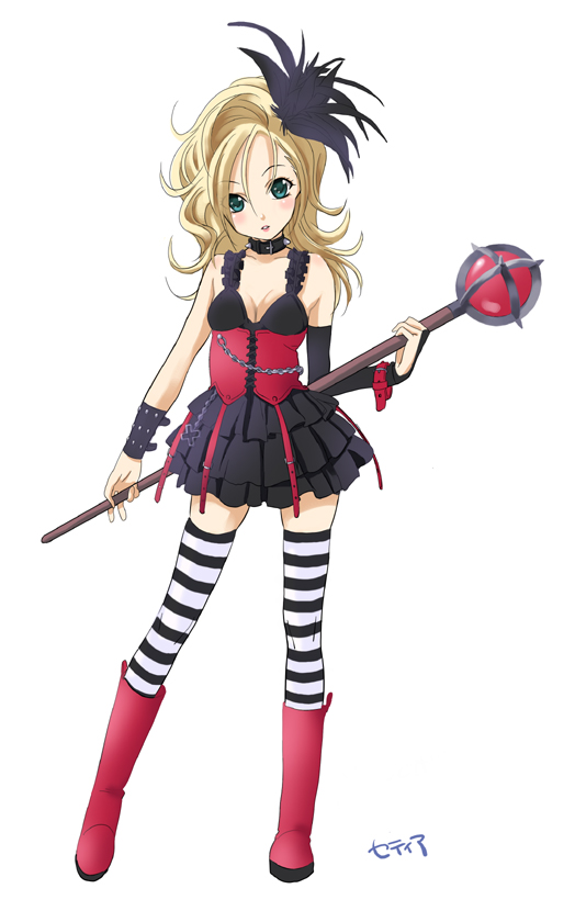 rato, setia, dragon quest, dragon quest swords, 1girl, blonde hair, blush, boots, breasts, cleavage, corset, feather hair ornament, feathers, female focus, hair ornament, rod, solo, striped clothes, striped thighhighs, thighhighs, zettai ryouiki
