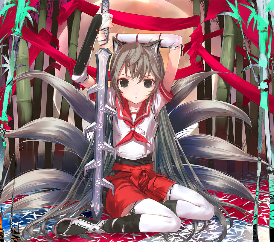 uni (plastic girl), original, 1girl, animal ears, bamboo, bamboo forest, fantasy, female focus, forest, fox ears, fox tail, kitsune, kyuubi, multiple tails, nature, school uniform, serafuku, solo, sword, tail, thighhighs, weapon