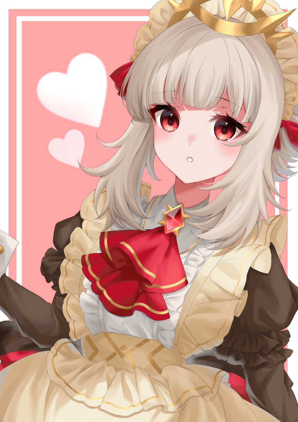 ell 0314, veronica (fire emblem), veronica (tea party) (fire emblem), fire emblem, fire emblem heroes, nintendo, highres, 1girl, apron, ascot, blush, breasts, brown dress, dress, grey hair, heart, long sleeves, looking at viewer, maid, maid headdress, official alternate costume, official alternate hairstyle, parted lips, red ascot, red eyes, short hair, short hair with long locks, small breasts, solo, teeth, upper body