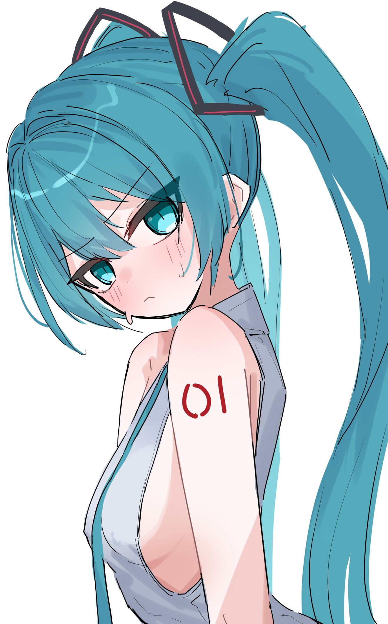 thinker25075754, hatsune miku, vocaloid, highres, aqua eyes, aqua hair, aqua necktie, bare shoulders, breasts, embarrassed, from side, grey shirt, jitome, long hair, looking at viewer, necktie, no bra, number tattoo, shirt, shoulder tattoo, sideboob, simple background, sleeveless, sleeveless shirt, tattoo, twintails, upper body, white background
