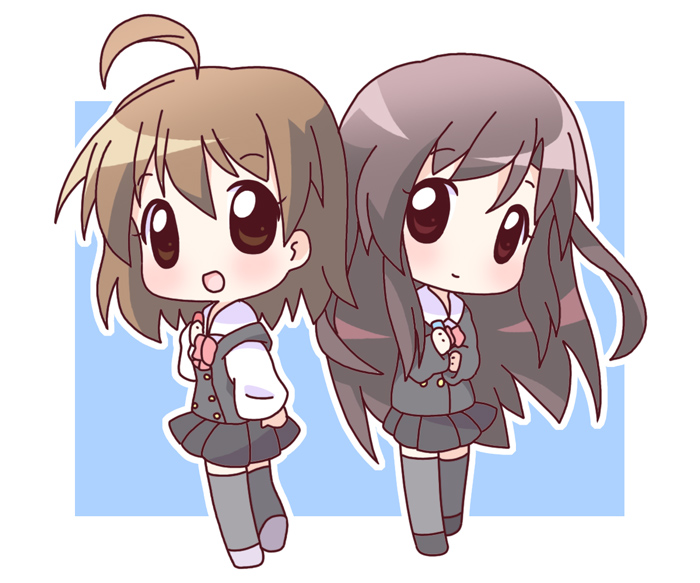 mirai (sugar), katsura kotonoha, saionji sekai, school days, black legwear, 00s, 2girls, :d, ahoge, black eyes, black hair, black skirt, blazer, blue background, blush, border, breasts, brown hair, chibi, full body, jacket, long hair, multiple girls, open mouth, school uniform, serafuku, short hair, simple background, skirt, smile, standing, thighhighs, very long hair, walking, zettai ryouiki