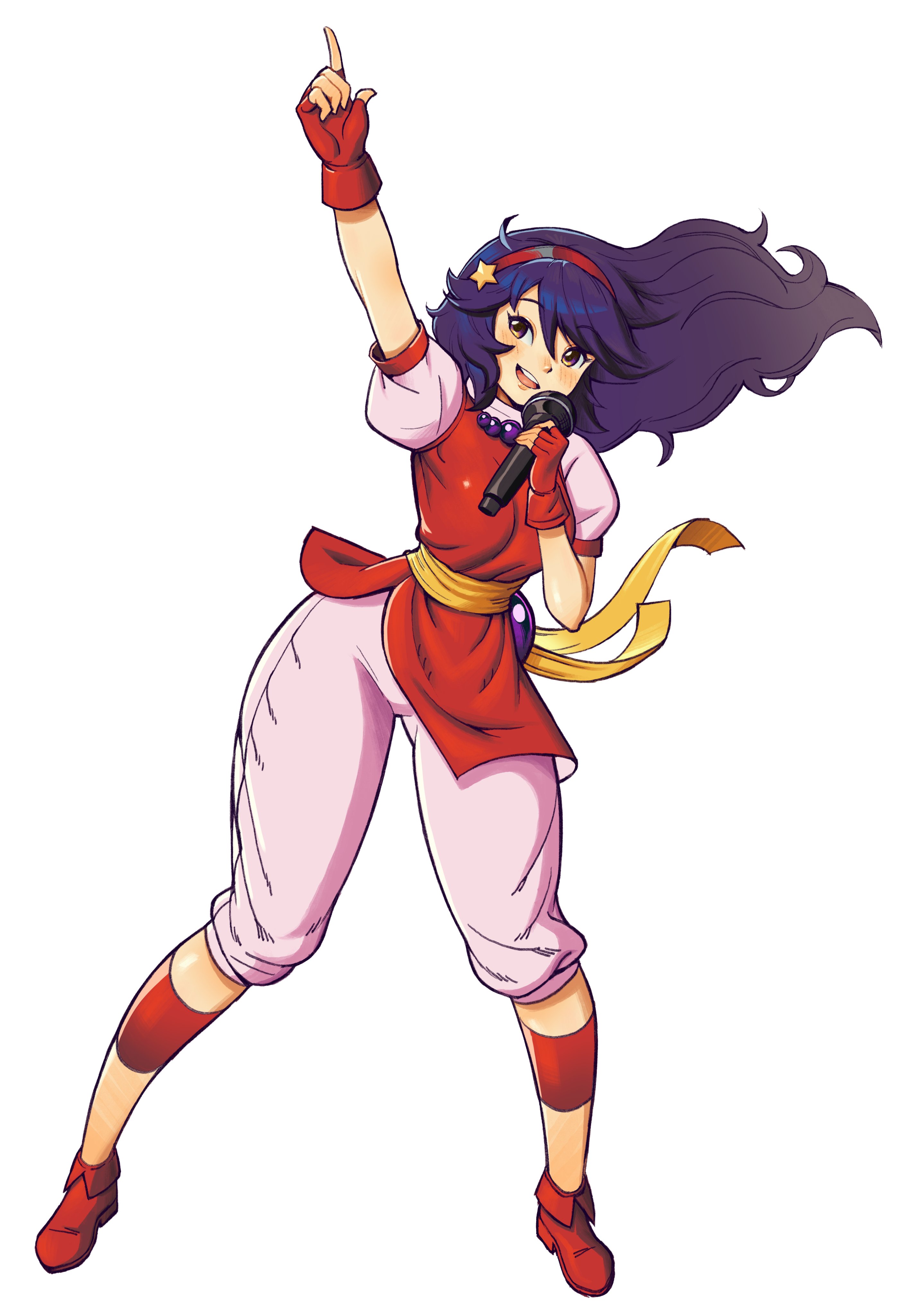 eduedude, asamiya athena, the king of fighters, 1girl, breasts, brown eyes, dress, female focus, gloves, hairband, hand up, large breasts, microphone, open mouth, pale skin, pants, purple hair, shoes, smile, standing, star (symbol), thick thighs, thighs, wide hips