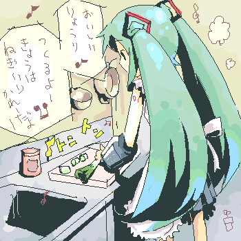 aki toshi, hatsune miku, vocaloid, lowres, translated, apron, comic, green hair, oekaki, solo, spring onion, thighhighs, twintails