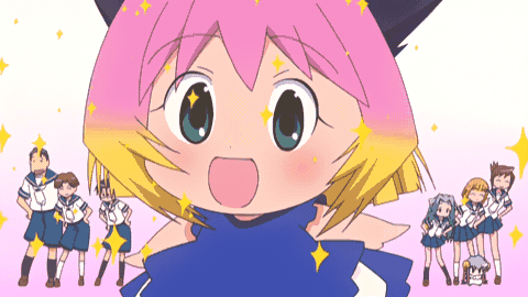 guchuko, hatsushiba kaoru, kasugano nene, kirihara muttan, moriyama sunao, natsu mikan, potemayo (character), takamimori kyo, takamimori kyou, potemayo, animated, animated gif, anime screenshot, lowres, 00s, 3boys, 5girls, dancing, gradient hair, multicolored hair, multiple boys, multiple girls, open mouth, school uniform, serafuku, sparkle