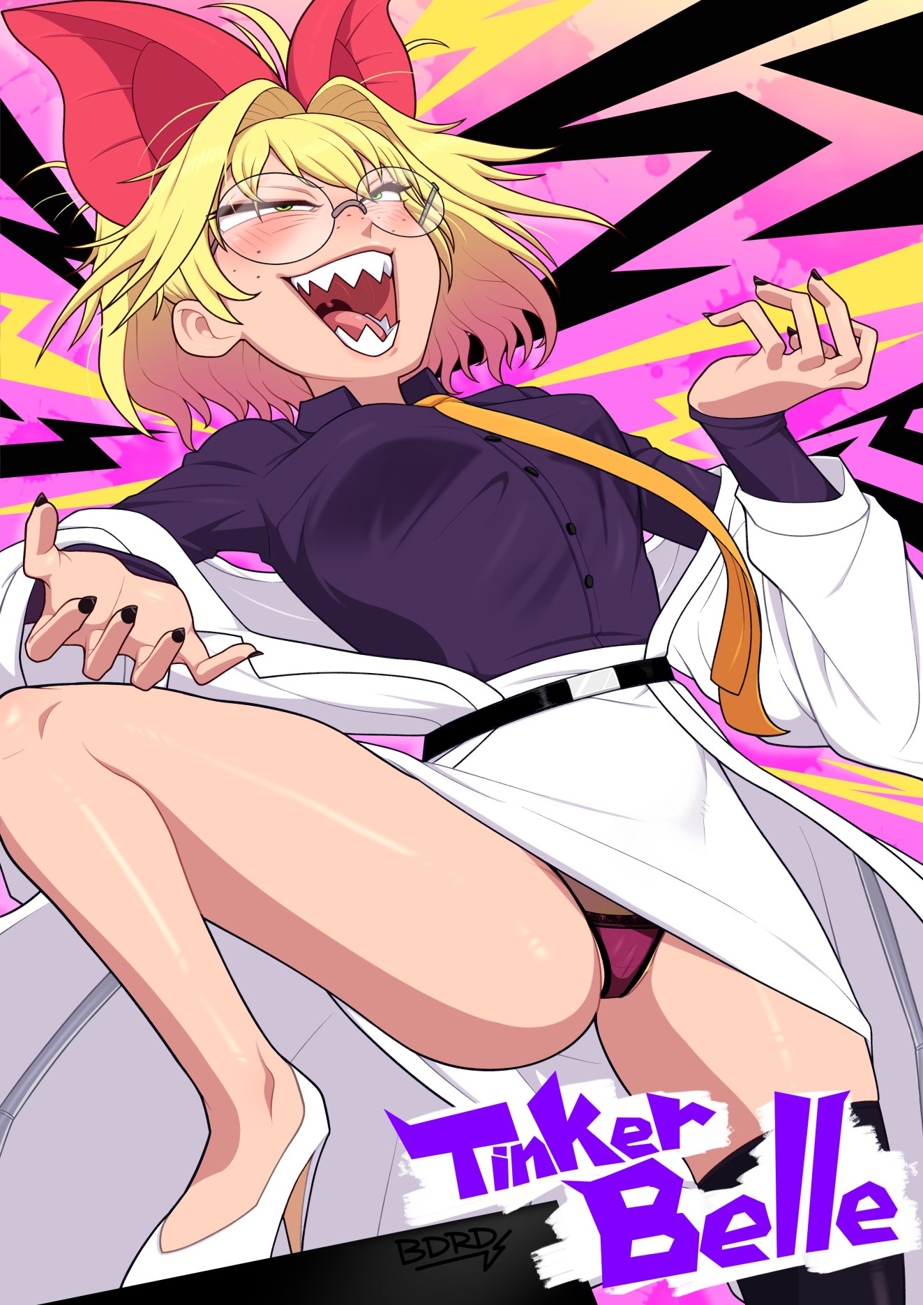 bdrd, original, highres, 1girl, animal ears, ass, bat ears, bat girl, blonde hair, borrowed character, freckles, glasses, hair intakes, lab coat, medium hair, messy hair, panties, pantyshot, round eyewear, sharp teeth, skirt, teeth, tinker belle (eisu), underwear