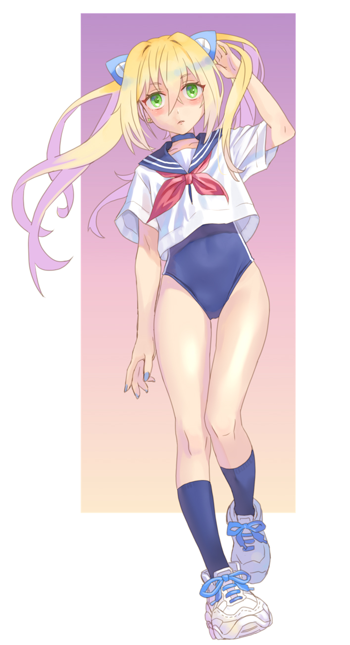 katahira masashi, original, commentary request, highres, 1girl, arm up, blonde hair, blue collar, blue one-piece swimsuit, blue sailor collar, blue socks, collar, collarbone, full body, gradient background, green eyes, long hair, looking at viewer, neckerchief, no pants, one-piece swimsuit, red neckerchief, sailor collar, school uniform, serafuku, shirt, shoes, sneakers, socks, solo, swimsuit, twintails, white shirt