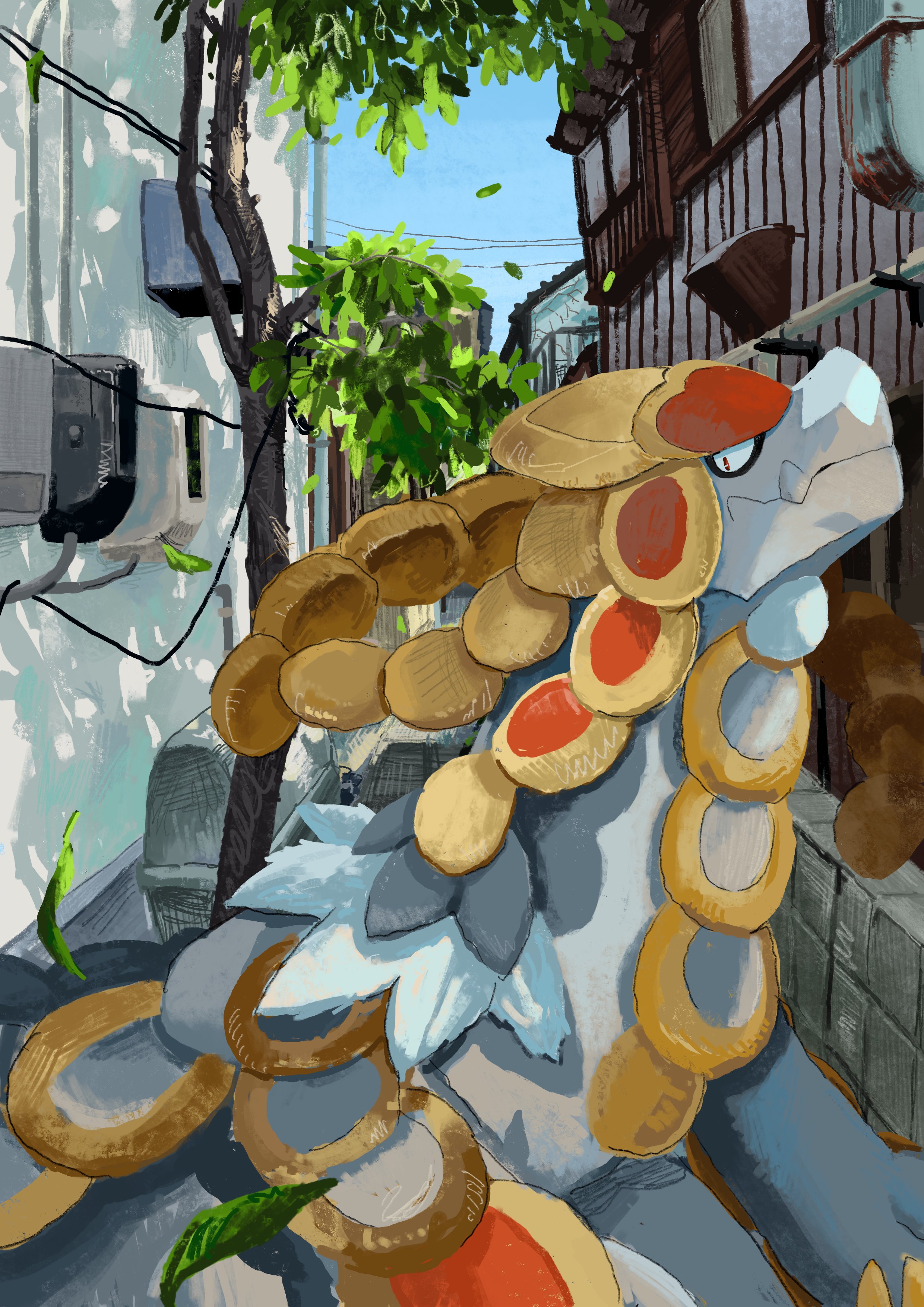 hida rite, kommo-o, nintendo, pokemon, absurdres, highres, alley, armor, blue sky, building, closed mouth, dragon, gen 7 pokemon, house, leaf, looking at viewer, no humans, outdoors, pokemon (creature), pokemon focus, scale armor, scales, sky, tree, yellow scales