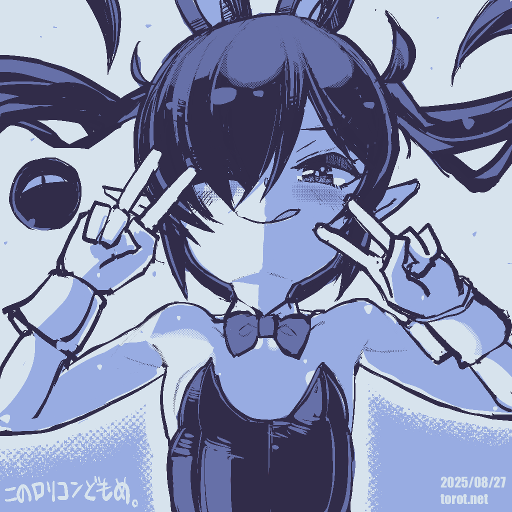 torotei, backbeako (torotei), backbeard, gegege no kitarou, original, commentary request, paid reward available, translated, 1girl, ;q, animal ears, bare shoulders, blue background, blue theme, blush, bow, bowtie, breasts, closed mouth, dated, dated commentary, detached collar, double v, fake animal ears, hair over one eye, hands up, kono lolicon domome, leotard, long hair, looking at viewer, monochrome, one eye closed, playboy bunny, pointy ears, rabbit ears, simple background, small breasts, solo, strapless, strapless leotard, tongue, tongue out, twintails, two-tone background, upper body, v, watermark, web address, white background, wrist cuffs