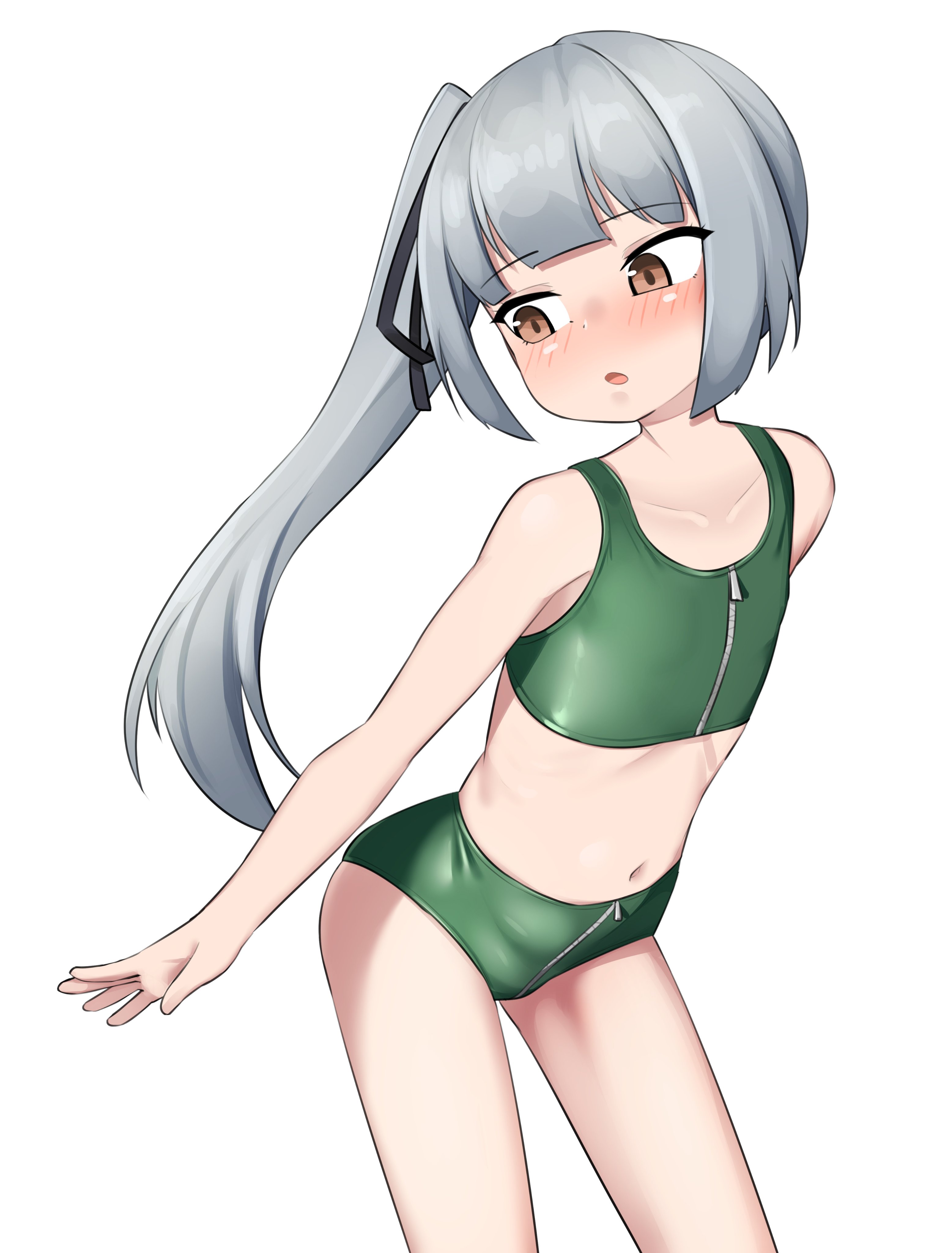 maru (marg0613), kasumi (kancolle), kantai collection, absurdres, highres, 1girl, alternate costume, bikini, blunt bangs, brown eyes, dated, feet out of frame, flat chest, green bikini, grey hair, leaning forward, looking back, midriff, navel, one-hour drawing challenge, side ponytail, simple background, solo, sports bikini, swimsuit, twitter username, white background