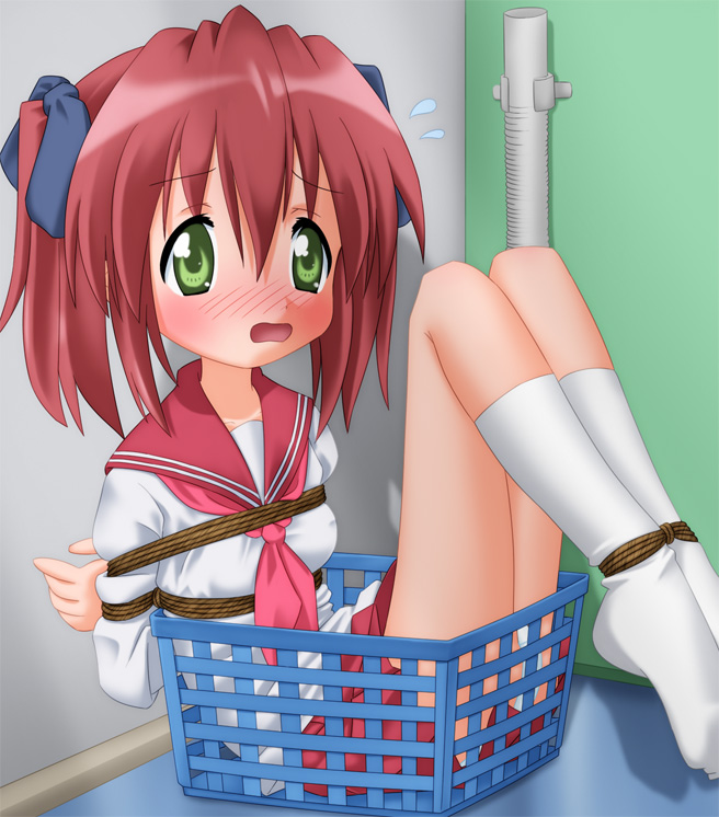 kannazuki okuto, kobayakawa yutaka, lucky star, 00s, 1girl, basket, bdsm, bondage, bound, female focus, indoors, kneehighs, panties, rope, school uniform, serafuku, sitting, socks, solo, underwear