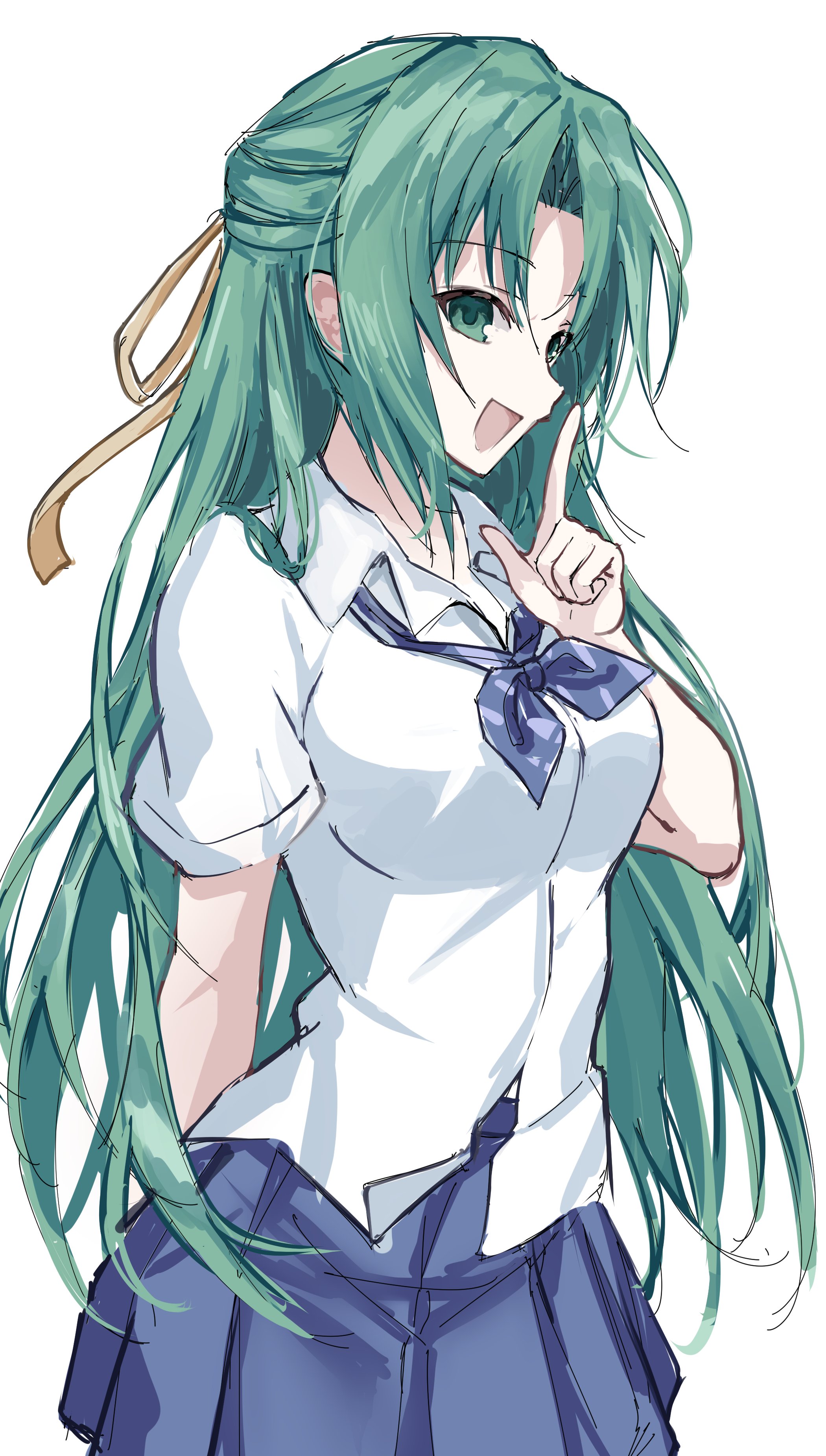 nyako (x nyako x), sonozaki shion, higurashi no naku koro ni, absurdres, commentary, highres, 1girl, :d, arm at side, blue bow, blue bowtie, blue skirt, bow, bowtie, breasts, collared shirt, cowboy shot, curtained hair, green eyes, green hair, hair ribbon, index finger raised, large breasts, long hair, looking at viewer, open mouth, pleated skirt, ribbon, school uniform, shirt, short sleeves, sideways mouth, sketch, skirt, smile, solo, standing, very long hair, white background, white shirt, yellow ribbon