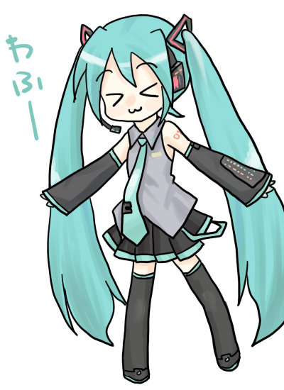 sakuramori sumomo, hatsune miku, vocaloid, > <, > <, :3, aqua hair, closed eyes, detached sleeves, long hair, necktie, skirt, solo, thighhighs, twintails, x3, zettai ryouiki