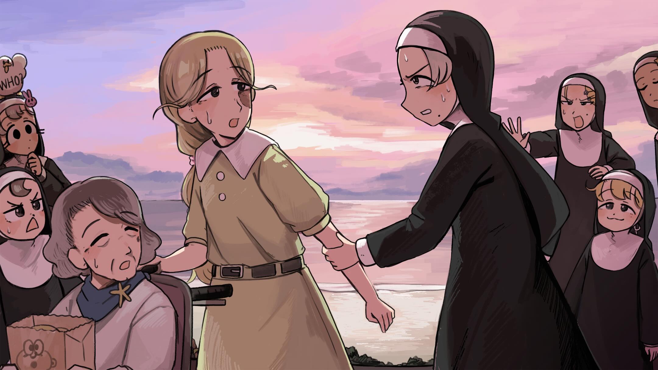 diva (hyxpk), bunny nun (diva), clumsy nun (diva), froggy nun (diva), smug nun (diva), star nun (diva), strict nun (diva), little nuns (diva), commentary, english commentary, highres, 6+girls, :3, bag, belt, bird, black eyes, blonde hair, blue eyes, blue scarf, brown eyes, brown hair, burn scar, burn scar girl (diva), chicken, closed eyes, dress, duck, eyelashes, grabbing another's arm, grey hair, hair ornament, long hair, mole, mole on cheek, mole under mouth, multiple girls, nun, old, old woman, outdoors, paper bag, rabbit hair ornament, scar, scarf, shirt, sweat, traditional nun, triangle mouth, wheelchair, white shirt, yellow dress