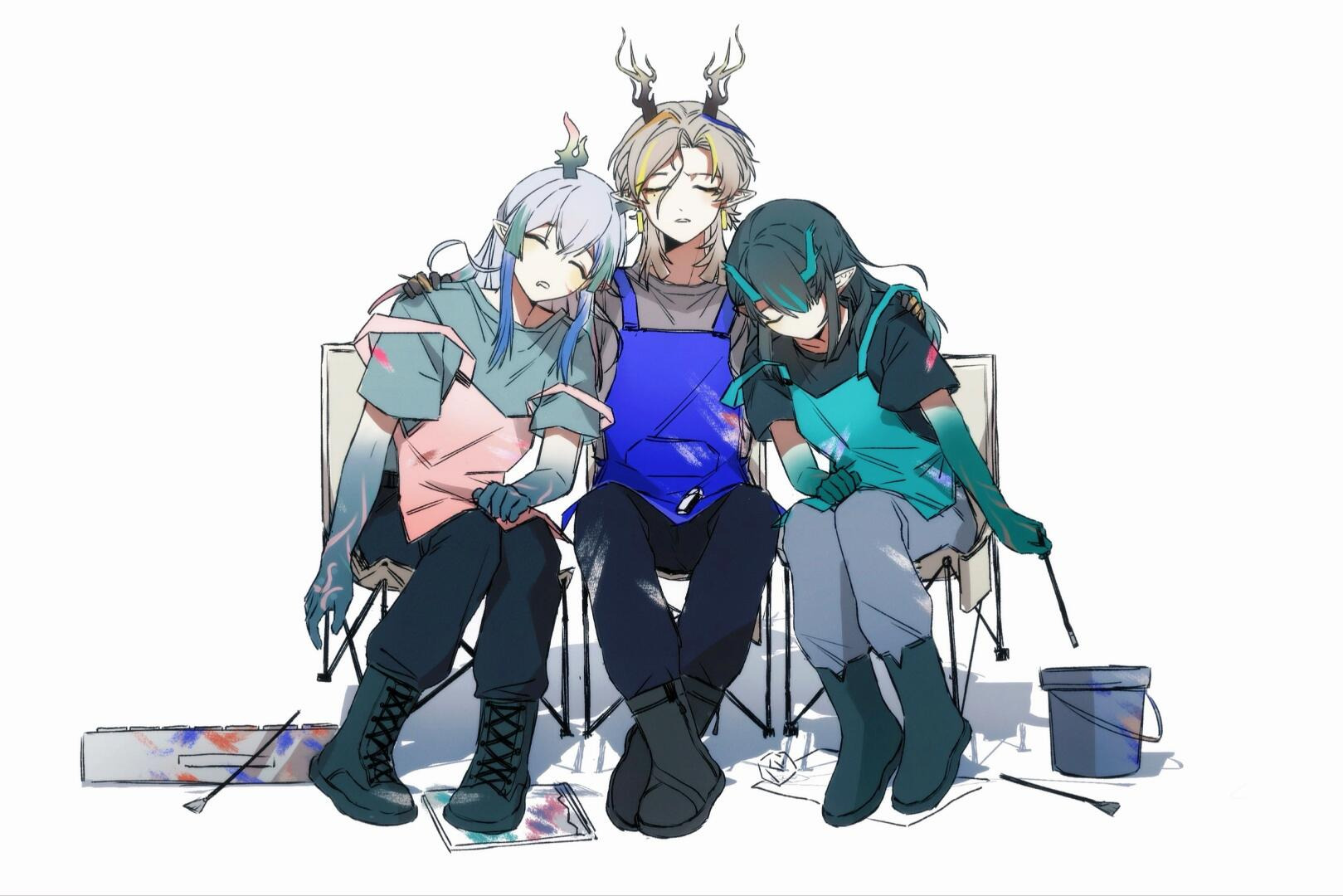 dusk (arknights), ji (arknights), arknights, chinese commentary, commentary request, highres, image sample, 1girl, 2boys, apron, aqua apron, black skirt, blonde streaks, blue apron, blue hair, blue horns, blue streaks, boots, brother and sister, brown horns, bucket, chair, colored extremities, colored skin, crumpled paper, dot nose, dragon girl, dragon horns, dropping, earrings, folding chair, full body, gradient horns, gradient skin, green boots, green horns, green skin, grey background, grey shirt, hand on another's shoulder, holding, holding paintbrush, horns, jewelry, leaning on person, long hair, long sidelocks, multicolored hair, multicolored horns, multiple boys, no mouth, no tail, off shoulder, on chair, paintbrush, pants, pants tucked in, pink apron, pointy ears, red horns, rubber boots, shadow, shirt, siblings, sidelocks, simple background, sitting, skirt, sleeping, streaked hair, tassel, tassel earrings, ye zhen, yi (arknights)
