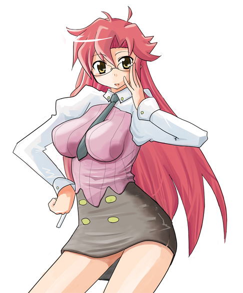 hottan!, yoko littner, yomako, tengen toppa gurren lagann, 00s, 1girl, breasts, female focus, glasses, long hair, necktie, red hair, simple background, solo, standing, teacher, white background