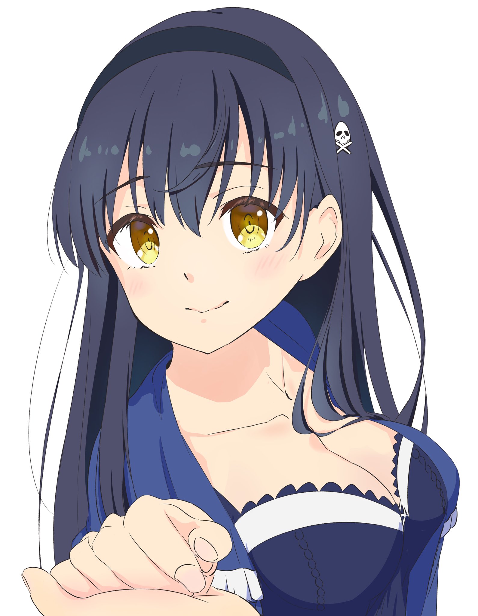 domotteru, kushima kamome, summer pockets, commentary request, highres, 1girl, 1other, black camisole, black hair, black hairband, blue capelet, blush, bone hair ornament, breasts, camisole, capelet, cleavage, closed mouth, collarbone, colored eyelashes, eyelashes, frilled capelet, frills, hair behind ear, hair between eyes, hair ornament, hair over shoulder, hairband, hand up, holding hands, large breasts, long hair, looking at viewer, pov, pov hands, ringed eyes, simple background, skull and crossbones, skull hair ornament, smile, solo focus, split mouth, straight hair, tareme, upper body, white background, yellow eyes