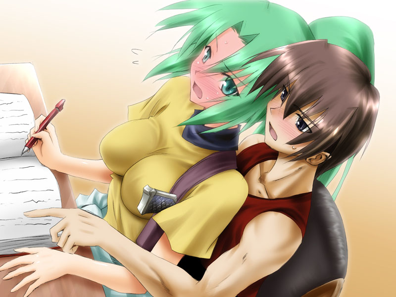 pin.x, maebara keiichi, sonozaki mion, higurashi no naku koro ni, 00s, 1boy, 1girl, blush, couple, green eyes, green hair, hetero, parted bangs