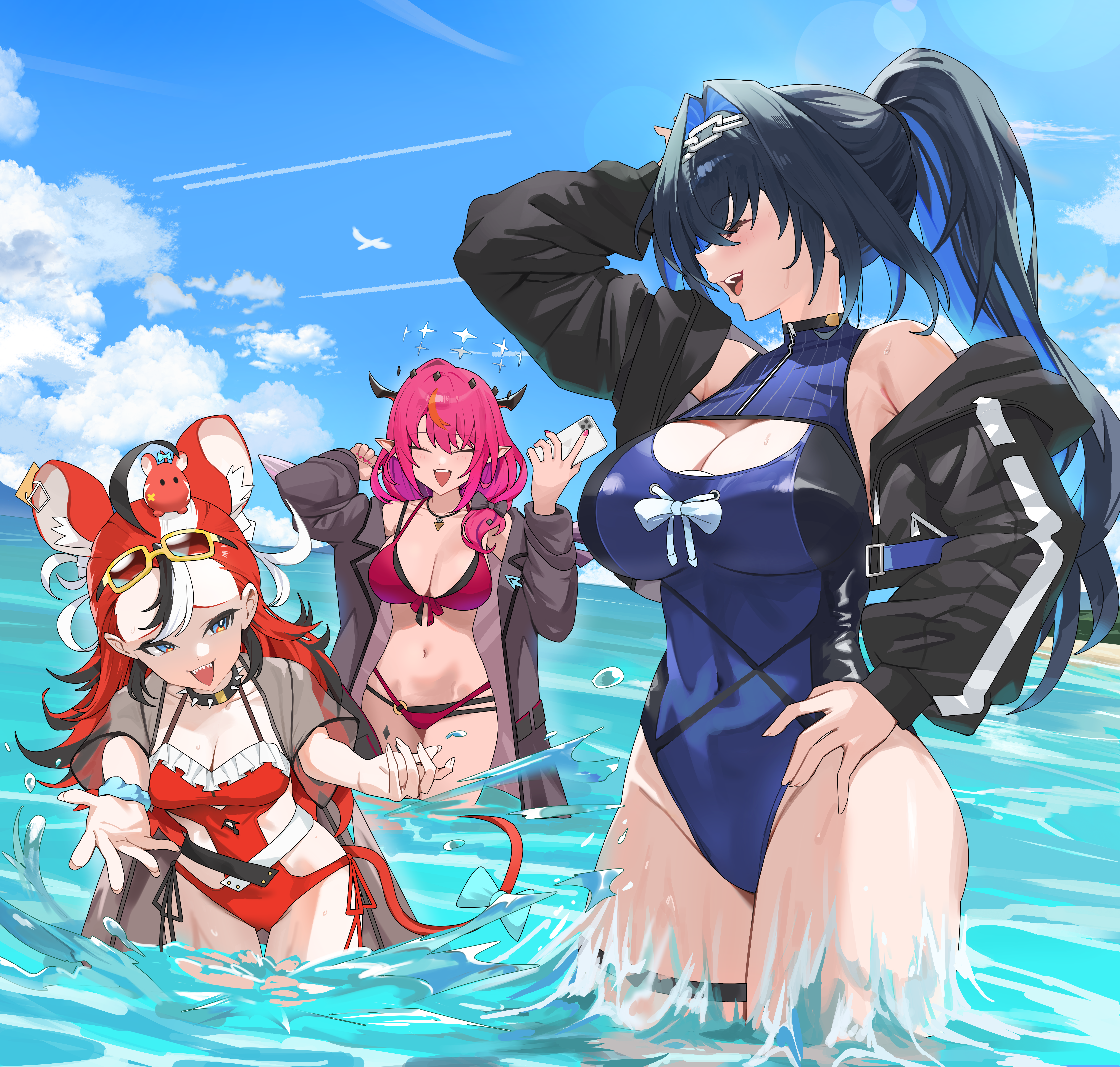 yulmu98999, hakos baelz, hakos baelz (holonatsu paradise), irys (hololive), irys (holonatsu paradise) (hololive), mr. squeaks (hakos baelz), ouro kronii, ouro kronii (holonatsu paradise), hololive, hololive english, holonatsu paradise, holopromise, absurdres, highres, textless version, 3girls, :d, animal ears, arm up, asymmetrical wings, bikini, black coat, black hair, black jacket, blue eyes, blue hair, blue one-piece swimsuit, blue sky, bow, breasts, cellphone, chain, chain headband, cleavage, cleavage cutout, closed eyes, clothing cutout, cloud, coat, collar, covered navel, cropped jacket, crystal wings, day, detached wings, dice hair ornament, double-parted bangs, double bikini, double halo, eyewear on head, frilled one-piece swimsuit, frills, front-tie bikini top, front-tie top, hair between eyes, hair bow, hair intakes, hair ornament, halo, hand on own hip, highleg, highleg one-piece swimsuit, holding, holding phone, horns, jacket, jewelry, large breasts, layered bikini, lens flare, long hair, long sleeves, looking at another, low ponytail, medium breasts, mismatched wings, mouse ears, mouse girl, mouse on head, mouse tail, mousetrap, multicolored hair, multiple girls, navel, necklace, official alternate costume, official alternate hairstyle, one-piece swimsuit, open mouth, outside border, phone, pointy ears, ponytail, purple bikini, purple hair, red hair, red one-piece swimsuit, sharp teeth, short sleeves, side-tie one-piece swimsuit, sky, smartphone, smile, spiked collar, spikes, splashing, star halo, stomach, streaked hair, sunglasses, swimsuit, swimsuit cover-up, tail, tail bow, tail ornament, teeth, upper teeth only, virtual youtuber, wading, white hair, wings