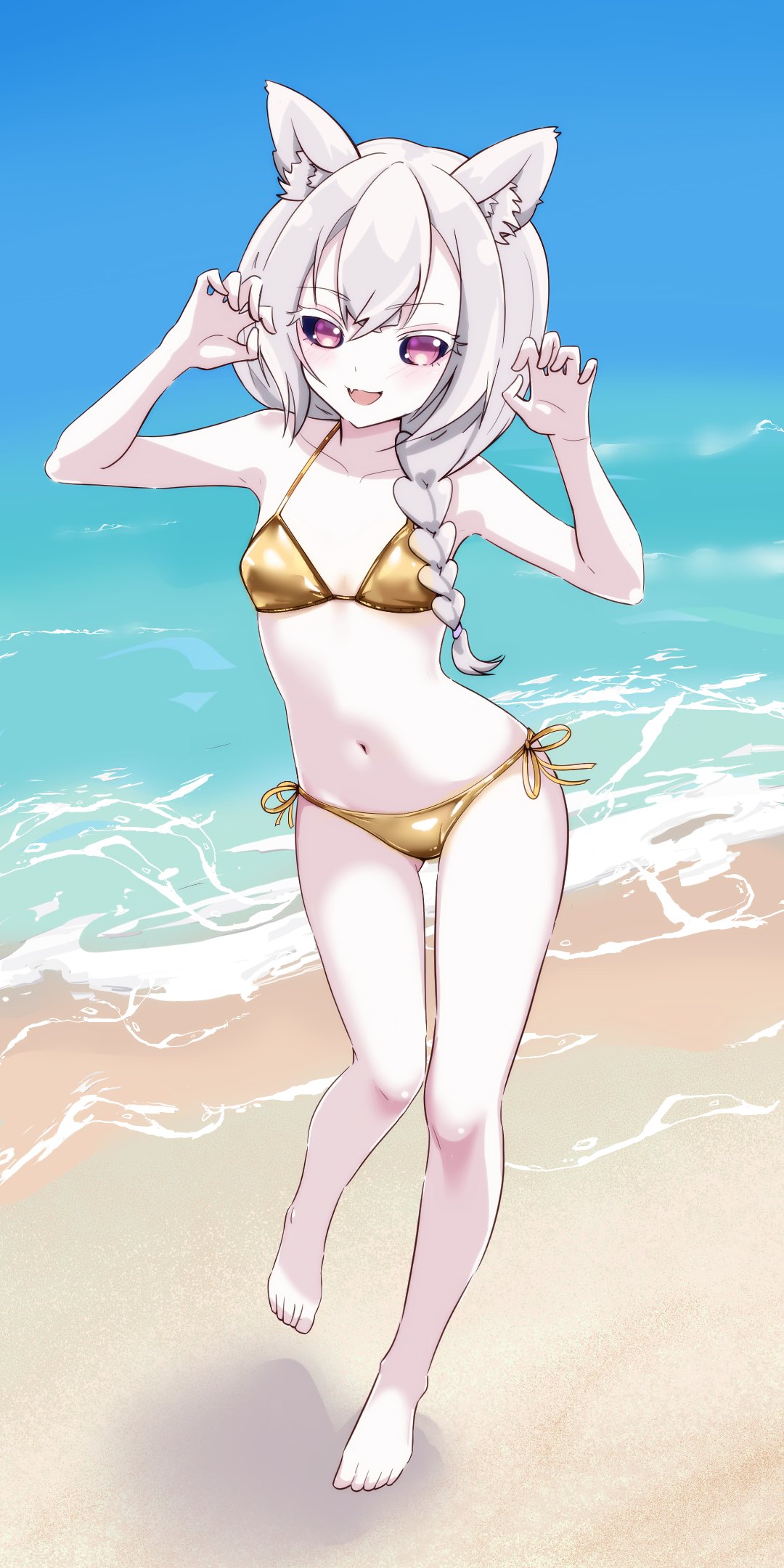 orenji gallery, nuttellita, indie virtual youtuber, 1girl, animal ears, beach, bikini, black sclera, blush, braid, claw pose, collarbone, colored sclera, day, eyelashes, fang, female focus, full body, gold bikini, grey hair, hands up, looking at viewer, medium hair, navel, ocean, open mouth, outdoors, pale skin, petite, purple eyes, sand, side-tie bikini bottom, skin fang, smile, solo, standing, swimsuit, virtual youtuber, water