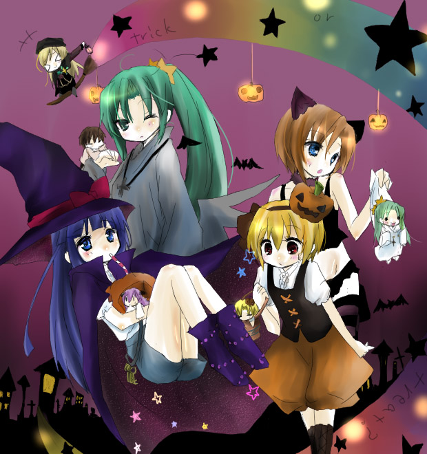 furude rika, houjou satoko, ryuuguu rena, sonozaki mion, higurashi no naku koro ni, 00s, animal ears, cat ears, halloween