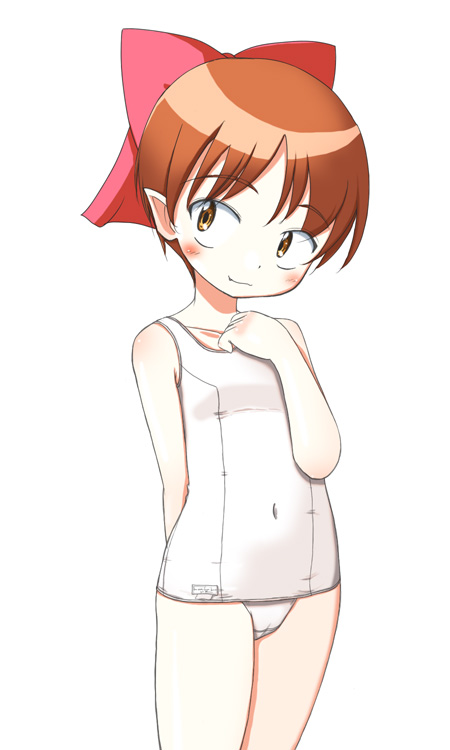 ikuno yui, nekomusume, gegege no kitarou, 1girl, blush, bow, brown eyes, brown hair, cameltoe, female focus, loli, one-piece swimsuit, pink bow, pointy ears, school swimsuit, simple background, solo, swimsuit, white background, white one-piece swimsuit, white school swimsuit