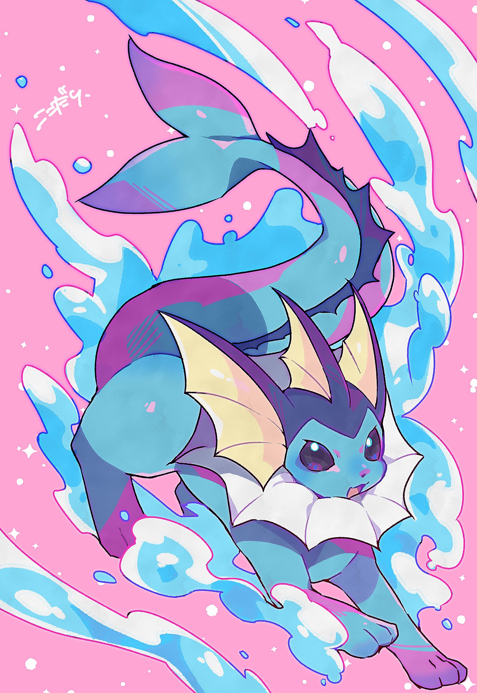 kokodari, vaporeon, nintendo, pokemon, highres, animal focus, blue eyes, blue fur, blue sclera, cetacean tail, colored sclera, fins, fish tail, forked tail, full body, gen 1 pokemon, head fins, no humans, open mouth, pink background, pokemon (creature), pokemon focus, solo, tail, water