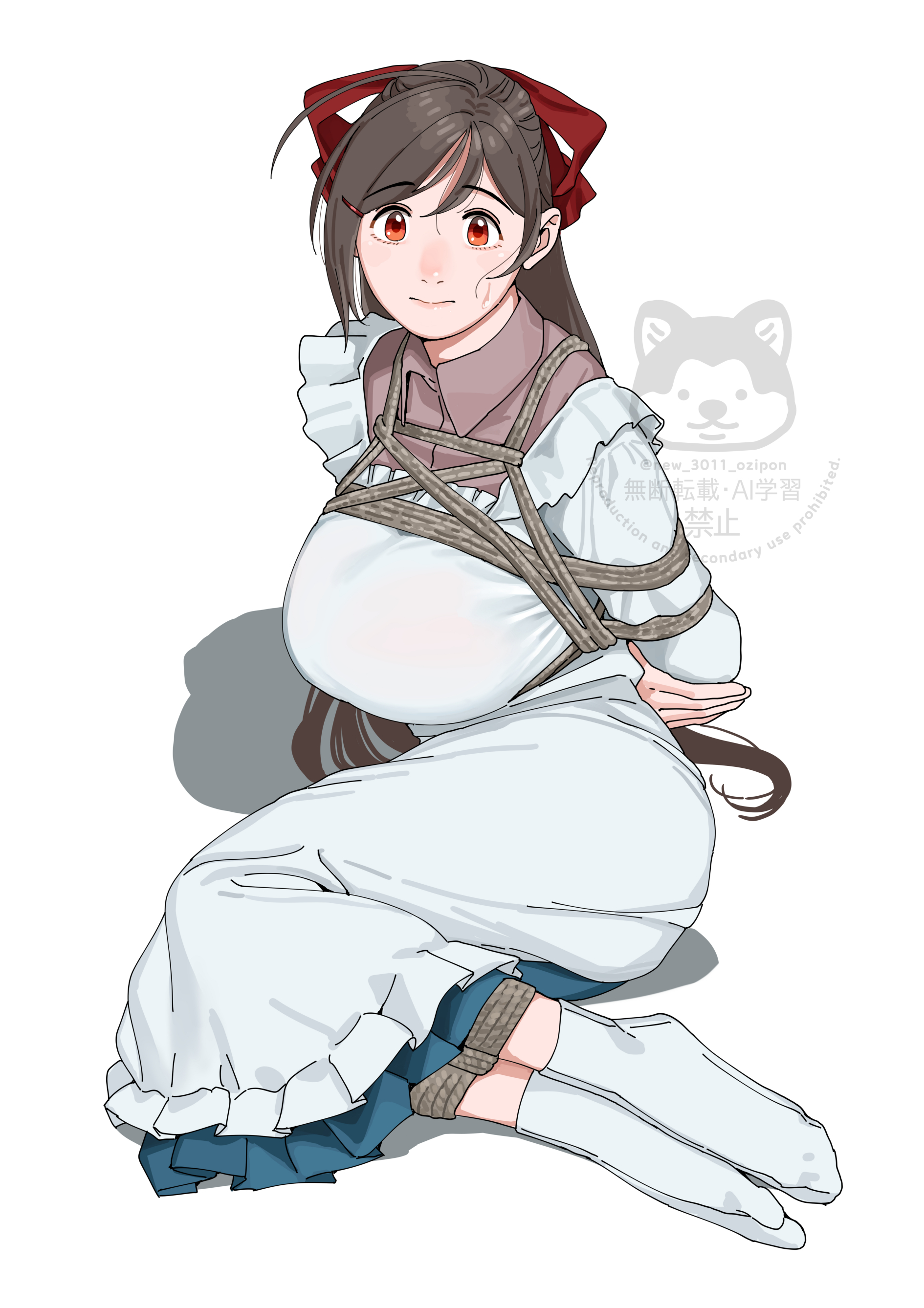 ojipon, mamiya (kancolle), kantai collection, absurdres, highres, 1girl, ahoge, apron, arms behind back, blue skirt, bound, brown hair, brown shirt, collared shirt, hair ribbon, kappougi, long hair, red eyes, ribbon, rope, shirt, simple background, skirt, socks, solo, tied up (nonsexual), watermark, white apron, white background, white socks