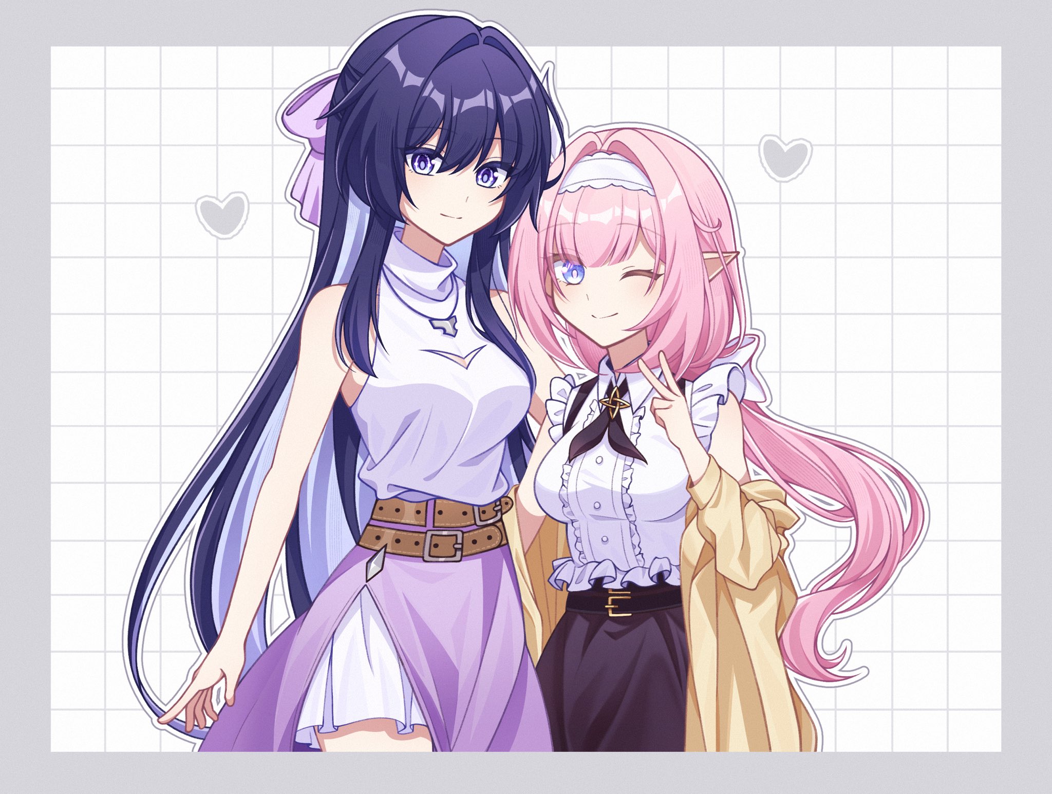 shiyuki (yuki 09 22), elysia (honkai impact), raiden mei, raiden mei (herrscher of origin), honkai (series), honkai impact 3rd, commentary, highres, symbol-only commentary, 2girls, ;), alternate costume, black skirt, blue eyes, blue hair, border, breasts, brown coat, coat, colored inner hair, dress, elf, grey border, grid background, hairband, large breasts, long hair, multicolored hair, multiple girls, official alternate costume, one eye closed, pointy ears, purple eyes, purple hair, shirt, skirt, smile, two-tone hair, very long hair, white dress, white hairband, white shirt