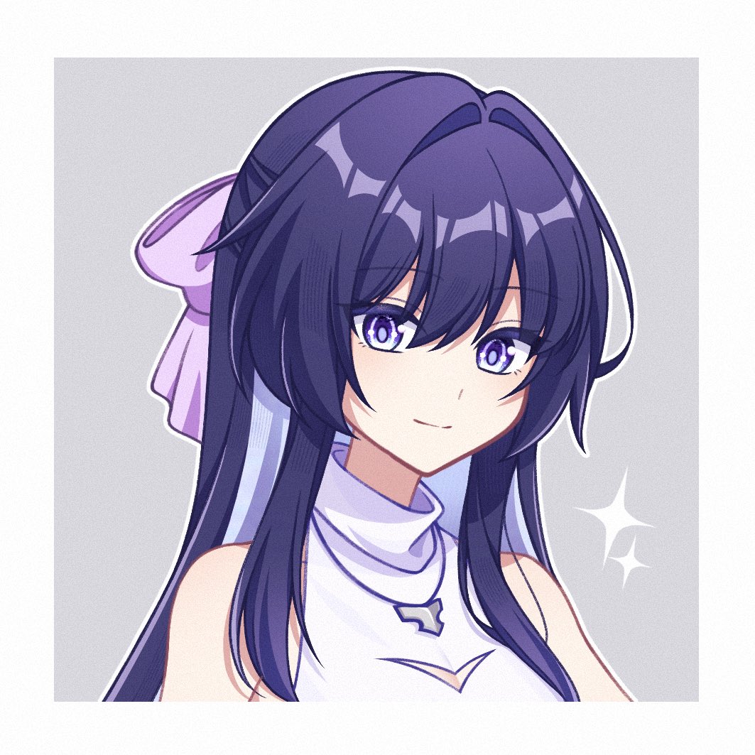 shiyuki (yuki 09 22), raiden mei, raiden mei (herrscher of origin), honkai (series), honkai impact 3rd, commentary, symbol-only commentary, 1girl, alternate costume, blue hair, border, colored inner hair, dress, grey background, long hair, looking at viewer, multicolored hair, portrait, purple eyes, purple hair, simple background, smile, solo, two-tone hair, very long hair, white border, white dress