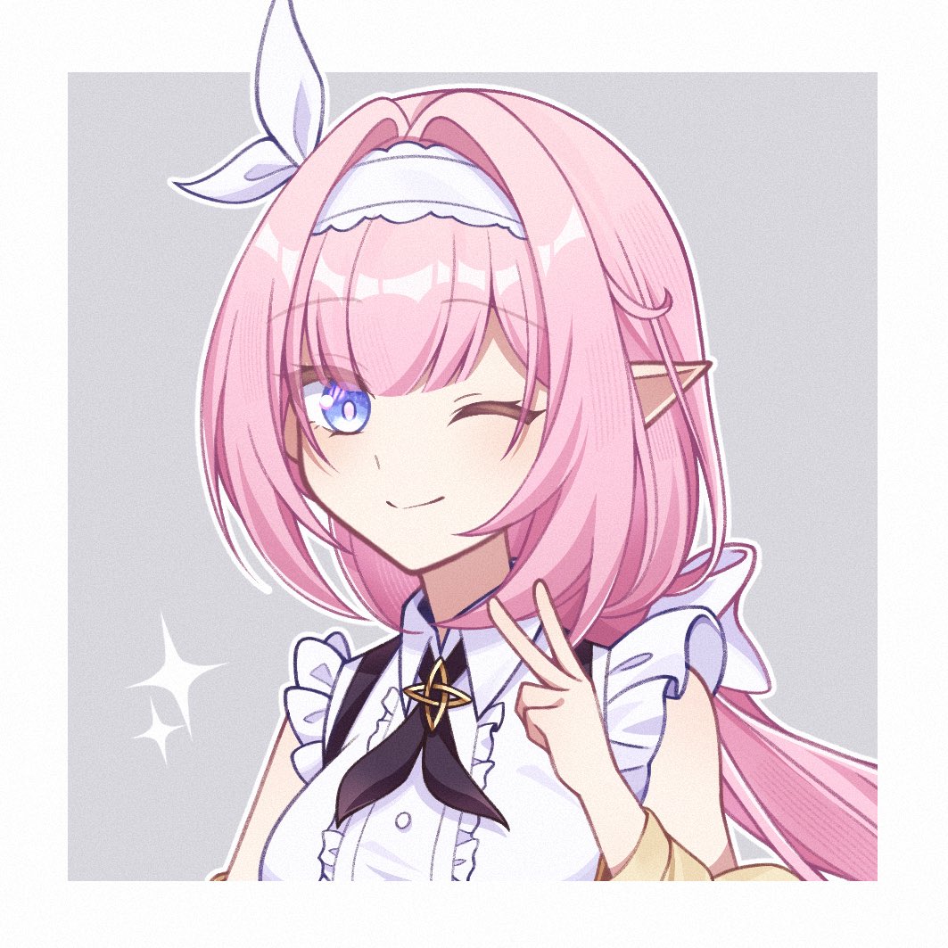 shiyuki (yuki 09 22), elysia (honkai impact), honkai (series), honkai impact 3rd, commentary, symbol-only commentary, 1girl, ;), blue eyes, border, elf, grey background, hairband, long hair, looking at viewer, official alternate costume, one eye closed, pink hair, pointy ears, portrait, shirt, simple background, smile, solo, v, white border, white hairband, white shirt
