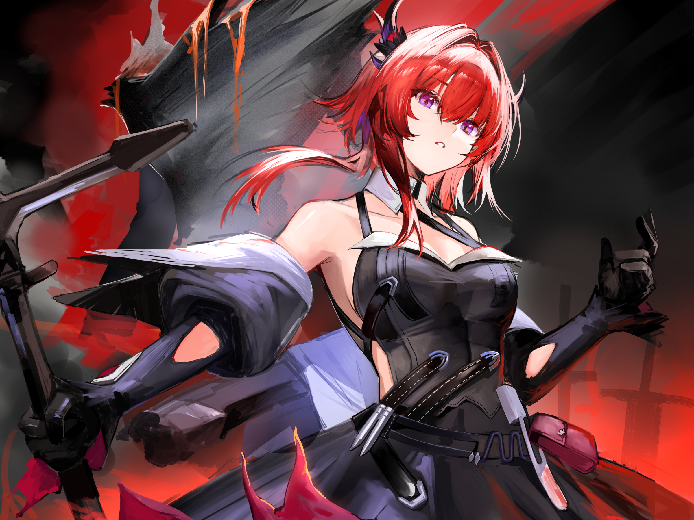 s 4ik4, laevatein (arknights), surtr (arknights), arknights, arknights: endfield, commentary, highres, 1girl, bare shoulders, black dress, black gloves, breasts, dress, gloves, hair intakes, head tilt, horns, long hair, looking at viewer, medium breasts, parted lips, purple eyes, red hair, sleeveless, sleeveless dress, solo, upper body