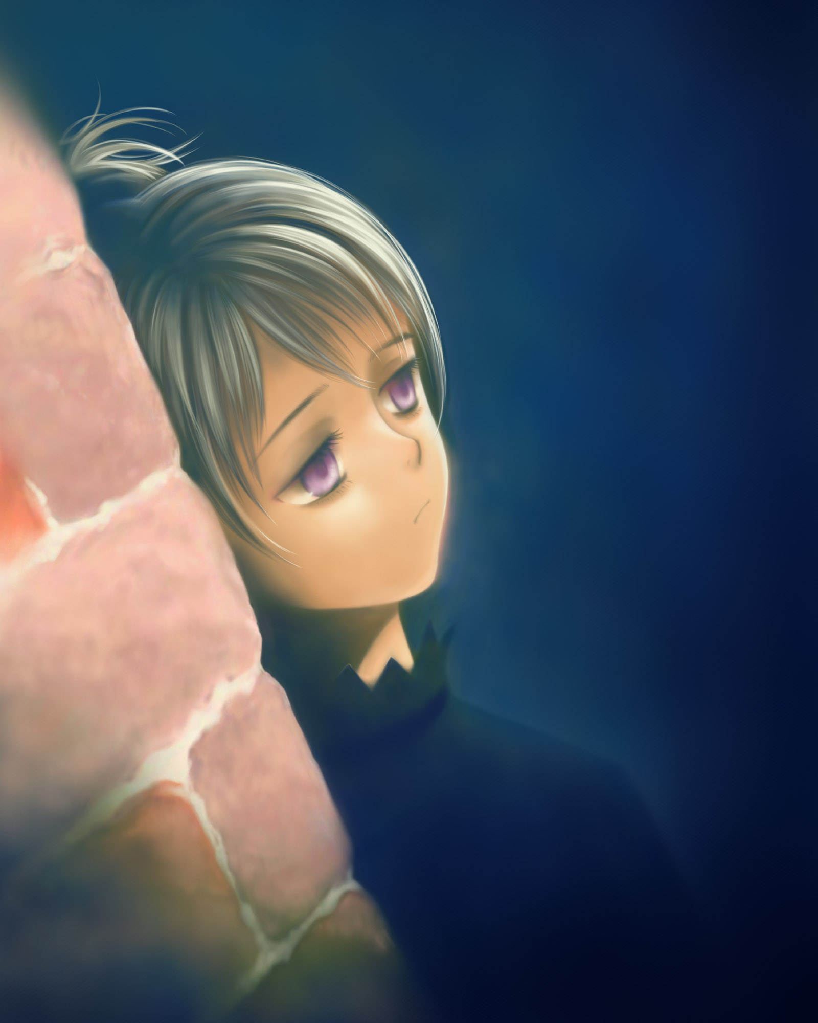 toshi hiroshi, yin (darker than black), darker than black, highres, 00s, 1girl, brick wall, female focus, frown, grey hair, purple eyes, realistic, solo