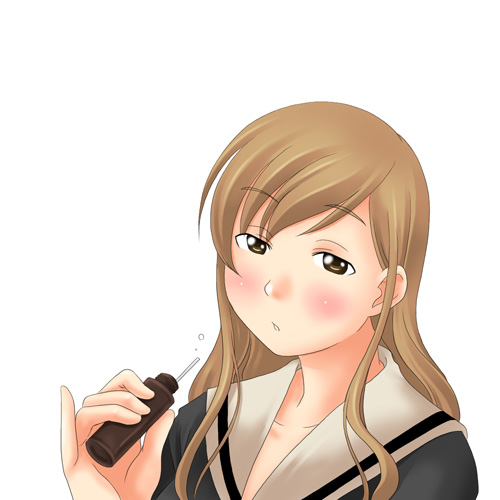toshifumi, toudou shimako, maria-sama ga miteru, lowres, 00s, 1girl, bad proportions, black serafuku, blush, brown eyes, brown hair, collarbone, drunk, expressionless, female focus, half-closed eyes, holding, long hair, looking at viewer, maria sama, parted lips, pinky out, school uniform, serafuku, simple background, solo, swept bangs, upper body, white background