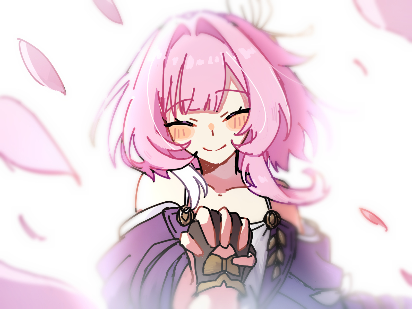 cyrene (honkai: star rail), stelle (honkai: star rail), trailblazer (honkai: star rail), honkai: star rail, honkai (series), commentary request, highres, 2girls, bare shoulders, black gloves, blush, coat, collarbone, cya 123, dress, falling petals, gloves, interlocked fingers, medium hair, multicolored hair, multiple girls, petals, pink hair, pov, pov hands, purple coat, simple background, smile, two-tone hair, white background, white dress, white hair