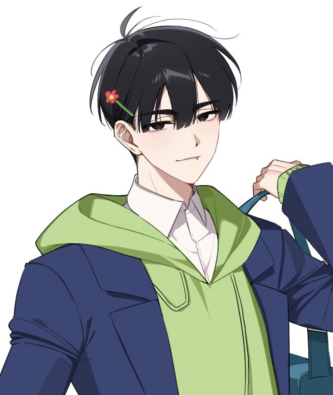 agetapan ll, ivan (alien stage), alien stage, 1boy, bag, black eyes, black hair, blazer, blue bag, blue jacket, closed mouth, collared shirt, drawstring, fang, fang out, flower, green hoodie, hair between eyes, hair flower, hair ornament, hairclip, holding, holding bag, hood, hood down, hoodie, jacket, jacket over hoodie, long sleeves, looking at viewer, male focus, open clothes, open jacket, red flower, shirt, short hair, solo, upper body, very short hair, white background, white shirt, wing collar