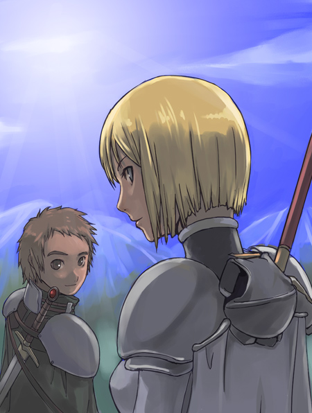 tea (nakenashi), clare (claymore), raki (claymore), claymore (series), 00s, 1boy, 1girl, armor, claymore (sword), sword, weapon