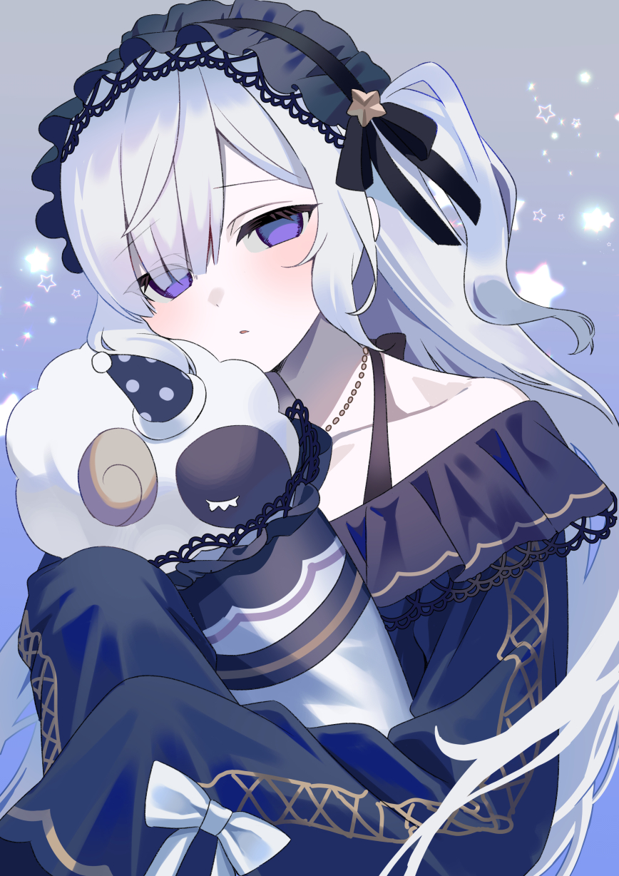 akagi kurage, natsume anan, mahou shoujo no majo saiban, commentary, hashtag-only commentary, highres, 1girl, black ribbon, blue dress, dress, empty eyes, expressionless, frilled dress, frills, gothic lolita, hair over one eye, hair ribbon, hairband, holding, holding pillow, jewelry, lolita fashion, lolita hairband, long hair, long sleeves, looking at viewer, magical girl, necklace, parted lips, pillow, purple eyes, ribbon, sleepy, sleeves past fingers, sleeves past wrists, solo, star (symbol), stuffed animal, stuffed sheep, stuffed toy, upper body, white hair