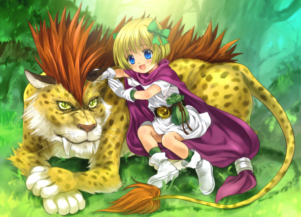 mutsuki (moonknives), borongo, hero's daughter (dq5), dragon quest, dragon quest v, original, square enix, 1girl, animal, belt, blonde hair, blue eyes, blush, bow, cape, child, dress, fang, female focus, forest, gloves, hair bow, hair ribbon, nature, open mouth, ribbon, short hair, smile, solo
