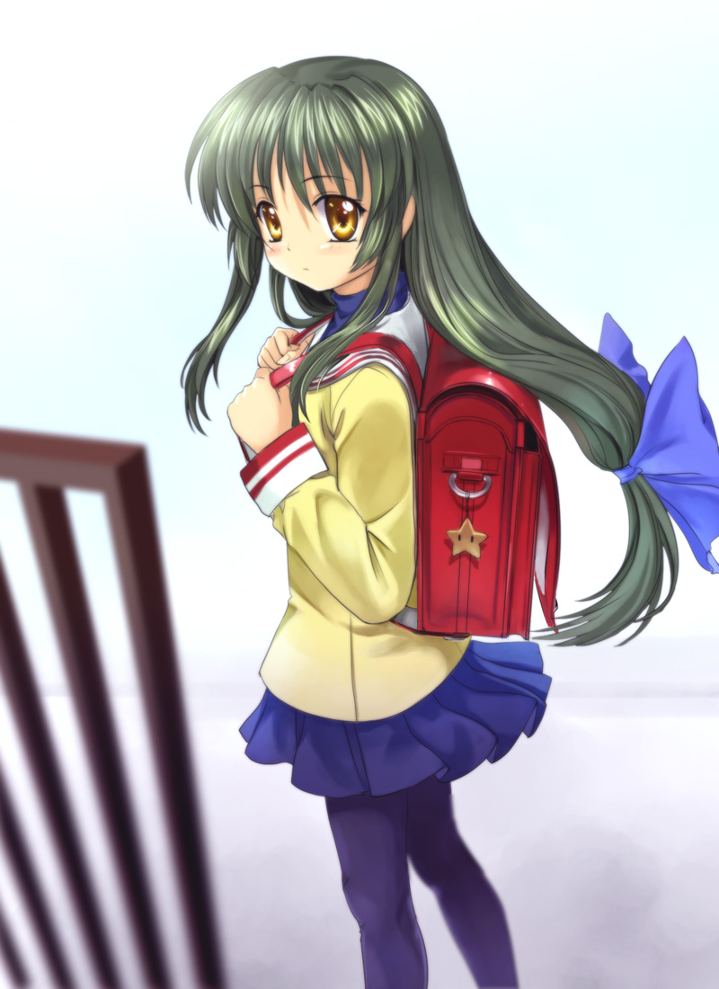 mutsuki (moonknives), ibuki fuuko, clannad, key (company), bad id, bad pixiv id, 00s, 1girl, backpack, bag, female focus, long hair, low-tied long hair, pantyhose, randoseru, school uniform, serafuku, solo, star (symbol)