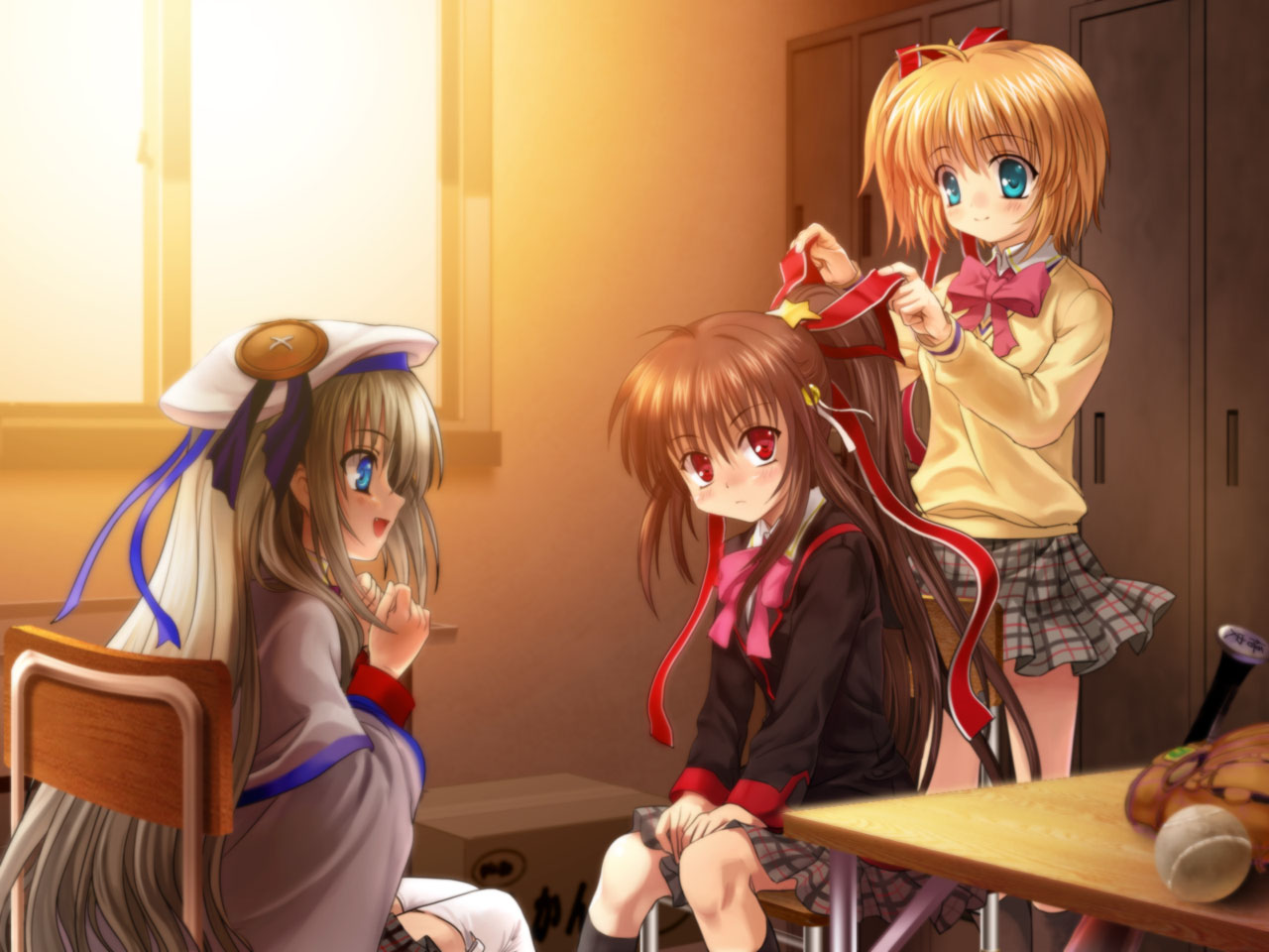 mutsuki (moonknives), kamikita komari, natsume rin, noumi kudryavka, key (company), little busters!, silver hair, 3girls, adjusting hair, aqua eyes, blonde hair, blue eyes, bow, brown hair, buttons, hair ribbon, hat, large buttons, locker, locker room, long hair, multiple girls, pink bow, plaid clothes, plaid skirt, ponytail, red eyes, ribbon, skirt