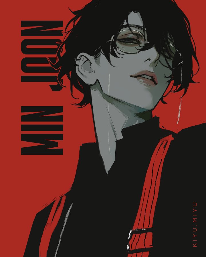 original, commentary, english commentary, 1boy, artist name, character name, glasses, hair between eyes, looking at viewer, male focus, min joon (miyu kiyu), miyu kiyu, mole, parted lips, shirt, short hair, simple background, solo, suspenders