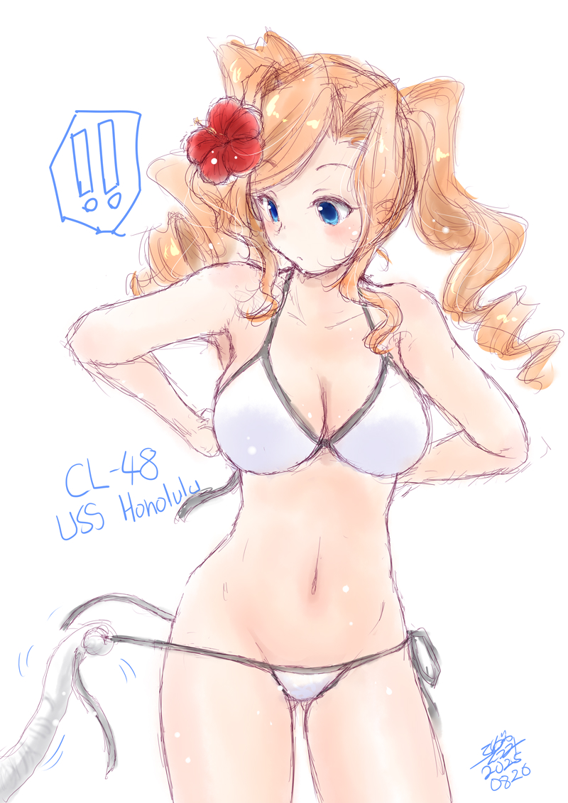 koshigaya tatsumi, honolulu (kancolle), honolulu (swimsuit) (kancolle), kantai collection, !, !!, 1girl, bikini, black trim, blonde hair, blue eyes, breasts, character name, drill hair, flower, gluteal fold, hibiscus, large breasts, long hair, one-hour drawing challenge, open clothes, red flower, side-tie bikini bottom, simple background, spoken exclamation mark, string bikini, swimsuit, tentacles, thigh gap, twin drills, untied bikini, white background, white bikini
