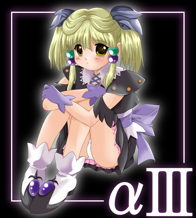 irui guneden, banpresto, super robot wars, blonde hair, bow, gloves, loli, panties, pantyshot, sash, sitting, underwear, yellow eyes