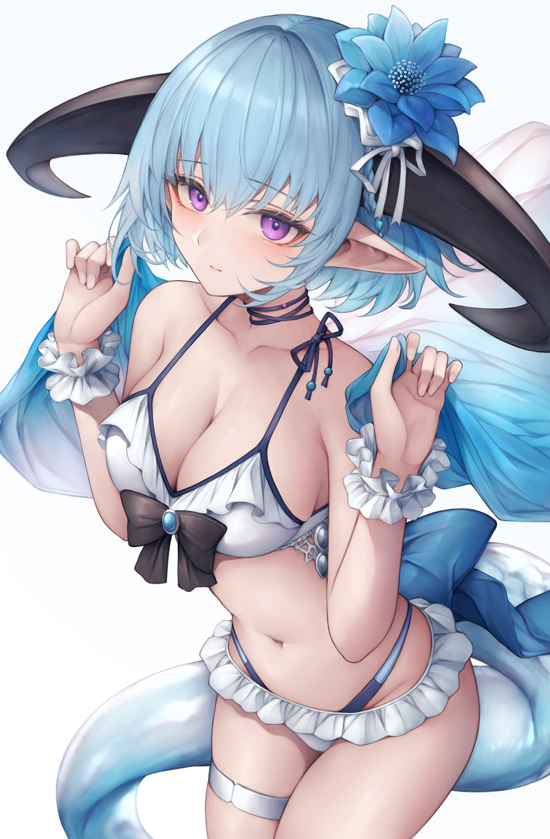 snm (sunimi), filene (shadowverse), granblue fantasy, shadowverse, commentary request, highres, 1girl, alternate costume, bare shoulders, bikini, black bow, black choker, blue hair, bow, breasts, choker, cleavage, cowboy shot, flower, frilled bikini, frilled cuffs, frills, hair flower, hair ornament, hands up, horns, looking at viewer, medium breasts, navel, pointy ears, purple eyes, sarong, short hair, simple background, solo, stomach, swimsuit, tail, thigh strap, white background, white bikini