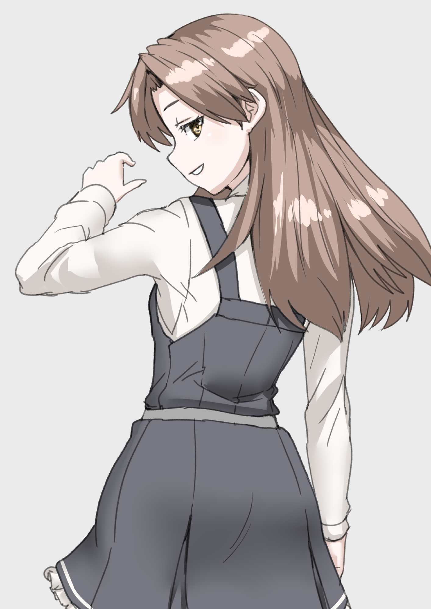 30-06, arashio (kancolle), arashio kai ni (kancolle), kantai collection, highres, 1girl, black dress, brown eyes, brown hair, collared shirt, dress, dress shirt, grey background, long hair, looking at viewer, looking back, pinafore dress, shirt, simple background, sleeveless, sleeveless dress, solo, white shirt