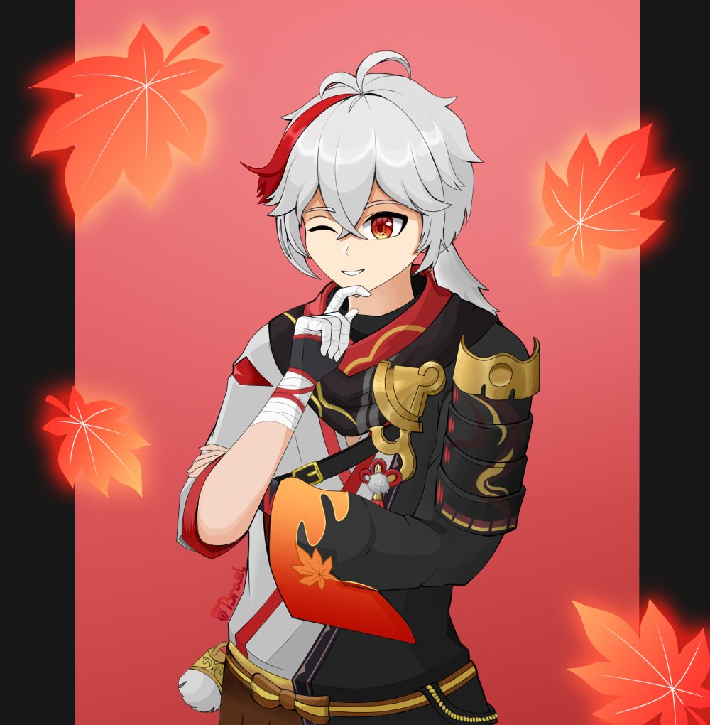brael 20, kaedehara kazuha, genshin impact, 1boy, antenna hair, armor, bandaged hand, bandages, black kimono, crossed bangs, hair between eyes, japanese armor, japanese clothes, kimono, leaf, leaf print, multicolored hair, ponytail, red background, red eyes, smile, solo, streaked hair, white hair