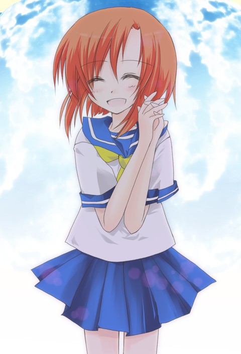 shima hinako, ryuuguu rena, higurashi no naku koro ni, 00s, 1girl, ^ ^, blush, closed eyes, female focus, hands clasped in delight, orange hair, own hands clasped, own hands together, pleated skirt, school uniform, serafuku, skirt, sky, smile, solo, standing
