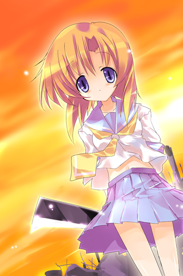 paco, ryuuguu rena, higurashi no naku koro ni, 00s, 1girl, billhook, crazy eyes, female focus, hashitsuki nata, hatchet, nata (tool), school uniform, serafuku, solo
